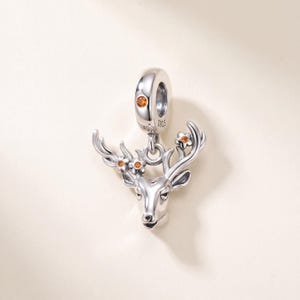 Genuine S925 Sterling Silver Stag Deer Head Antler Amber CZ Charm - Fits Pandora Bracelet