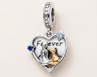 Dog & Owner Heart Dangle Fits Pandora Bracelet, S925 Silver Gold Forever Charm, Dog Lover Gift