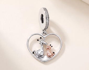 Genuine S925 Sterling Silver Mother Baby Giraffe Heart Dangle - Fits Pandora Bracelet