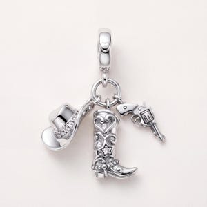 Charm Pandora de vaquero del oeste en plata de ley 925 / Sombrero, bota, pistola, triple colgante / Regalo campestre