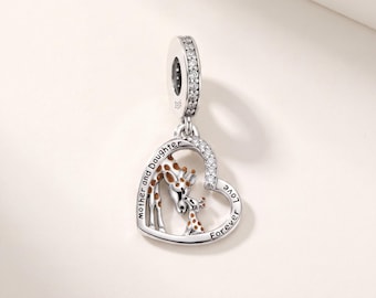 Mother Daughter Giraffe Pandora Charm 925 Sterling Silver | Heart Enamel CZ | Mum Gift