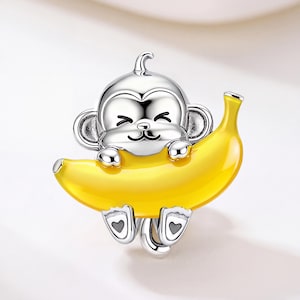 Apa-banan-berlock passar Pandora-armband, emalj i 925 sterlingsilver, rolig djurgåva