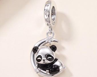 Panda Moon Pandora Charm 925 Sterling Silver | Black Enamel CZ Stars | Animal Gift