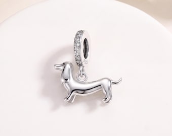Genuine S925 Sterling Silver Dachshund Dangle Charm - Fits Pandora Bracelet