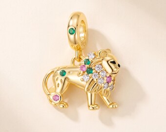 Lion Dangle Charm Fits Pandora Charm Bracelet, S925 Sterling Silver Gold, Leo Zodiac Gift
