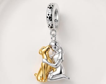 Genuine S925 Sterling Silver Girl Hugging Dog Two Tone Charm - Fits Pandora Bracelet