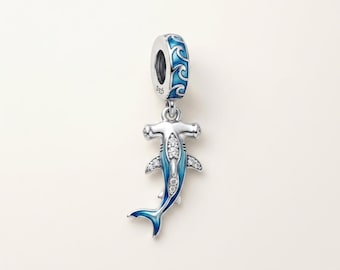 Genuine S925 Sterling Silver Hammerhead Shark Blue Enamel Ocean Charm - Fits Pandora Bracelet