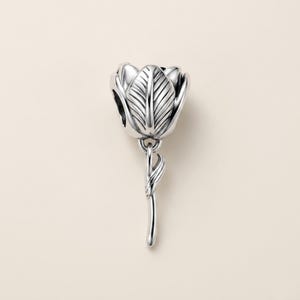 Genuine S925 Sterling Silver Tulip Flower Oxidised Rose Bloom Charm - Fits Pandora Bracelet