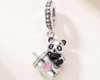 Panda Bubble Tea Dangle Charm Fits Pandora Charm Bracelet, S925 Sterling Silver Enamel, Animal Gift