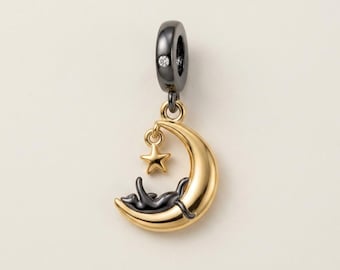 Charm de plata de ley 925 auténtica con gato negro, luna y estrella creciente dorada - Compatible con pulseras Pandora