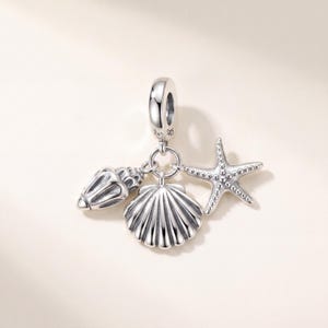 Starfish Seashell Triple Dangle Fits Pandora Charm Bracelet, S925 Sterling Silver Ocean, Beach Holiday Gift