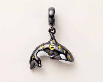 Celestial Orca Dangle Fits Pandora Charm Bracelet, S925 Sterling Silver Gunmetal, Ocean Gift