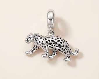 Leopard Pandora Charm 925 Sterling Silver | Black Enamel Green Eyes | Wildlife Gift