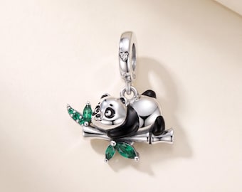 Panda on Bamboo Pandora Charm 925 Sterling Silver | Black Enamel Green CZ | Animal Gift