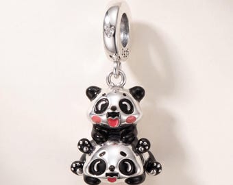 Genuine S925 Sterling Silver Mother Baby Panda Dangle Charm - Fits Pandora Bracelet