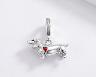 Dachshund Pandora Charm S925 Silver | Sausage Dog Red Enamel Heart Dangle | Dog Lover Gift