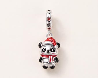 Christmas Panda Pandora Charm 925 Sterling Silver | Red Enamel, CZ Star Bale | Xmas Gift