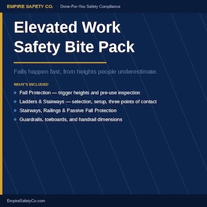May include: A dark blue informational graphic titled Elevated Work Safety Bite Pack by Empire Safety Co. It lists safety topics including fall protection, ladders, stairways, and guardrails, and features an icon of three one-page safety documents.