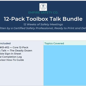 以下が含まれることがあります： 「EMPIRE SAFETY CO.」と「12-Pack Toolbox Talk Bundle」の文字が入った濃紺のバナー。その下に「12 Weeks of Safety Meetings」と「Written by a Certified Safety Professional, Ready to Print and Deliver.」と書かれています。