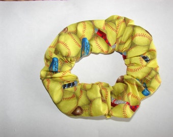 Softball Team Sports Fabric Hair Scrunchie, colorful softballs bats, womens scrunchies, woman's accessories, gifts for athletes, girls hair