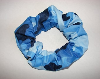 Blue Camo Fabric Hair Scrunchie, feminine hunter, camoflauge, outdoors, gifts for her, military, women's accessories, womans scrunchies