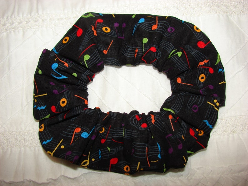 Colorful Musical Notes Black fabric hair scunchie, woman's scrunchies, musical musician gift, hair accessories, womens gifts, gift for her image 1