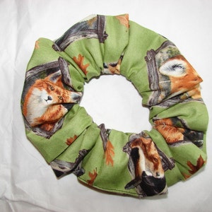 Fox Fabric green Hair Scrunchies, fall foxes, forest woodland animals, women&#39;s accessories, womans scrunchies, gifts for her, hair tie
