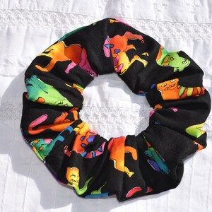 Bright Colorful Cats Felines black fabric handmade Hair Scrunchie, womans scrunchies, cat lovers gifts, women&#39;s accessories, her