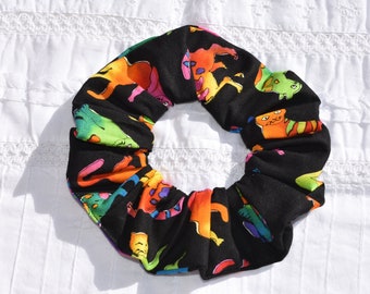 Bright Colorful Cats Felines black fabric handmade Hair Scrunchie, womans scrunchies, cat lovers gifts, women's accessories, her