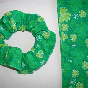 St. Patricks Day Shamrocks Sparkle Green Handmade Fabric Hair Scrunchie, gifts for her, womans accessories, women's hair ties, holiday gift image 4