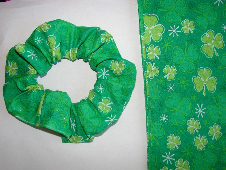 St. Patricks Day Shamrocks Sparkle Green Handmade Fabric Hair Scrunchie, gifts for her, womans accessories, women's hair ties, holiday gift image 4