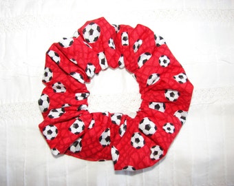 Red Soccer Fabric Hair Scrunchie, Soccer balls, team sports, woman's accessories, gifts for her, soccer lover gift, womens scrunchies school