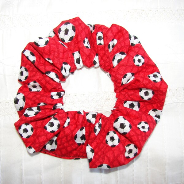 Red Soccer Fabric Hair Scrunchie, Soccer balls, team sports, woman's accessories, gifts for her, soccer lover gift, womens scrunchies school