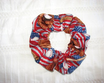 Baseball American flag patriotic fabric Hair Scrunchie, women's accessories, USA scrunchies, red white blue, Americans, United States sports