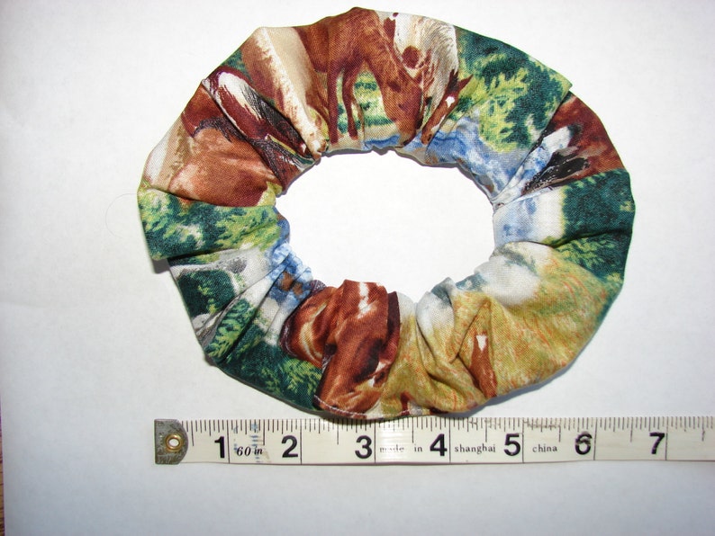 SALE Horse Fabric Hair Scrunchies scrunchie Fabric has bay, paint, white running drinking horses equines in a forest setting with a creek Bild 4