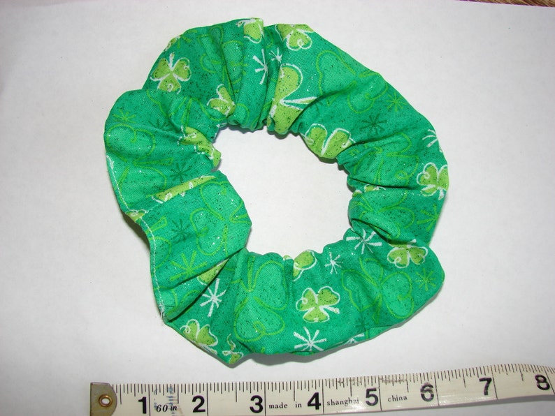 St. Patricks Day Shamrocks Sparkle Green Handmade Fabric Hair Scrunchie, gifts for her, womans accessories, women's hair ties, holiday gift image 2