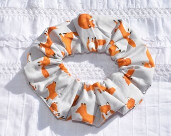 Fox gray Fabric handmade Hair Scrunchies, frolicing foxes, forest woodland, wild animals, gifts for her, fox lovers gifts, womans accessory