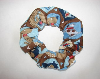 Puppies dogs Canines Blue brown Fabric Hair Scrunchie, women's scrunchies, womans accessories, doggy lover gift, gifts for her, dog pets pet