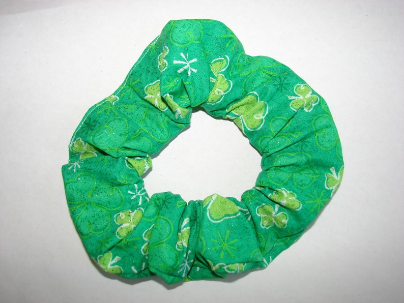 St. Patricks Day Shamrocks Sparkle Green Handmade Fabric Hair Scrunchie, gifts for her, womans accessories, women's hair ties, holiday gift image 1