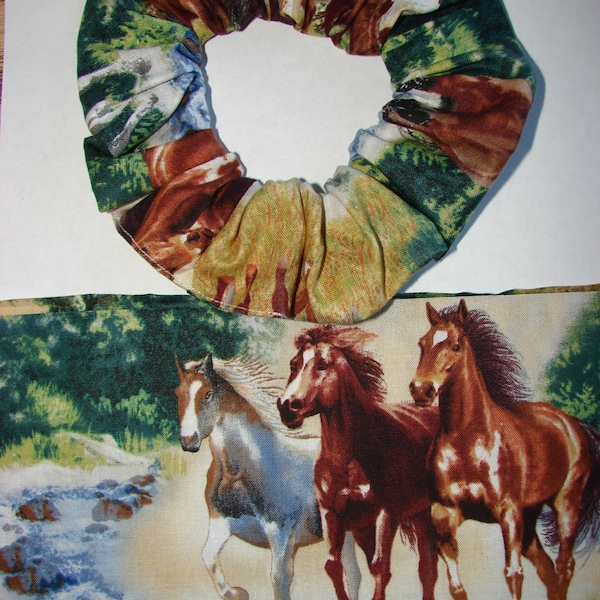 SALE Horse Fabric Hair Scrunchies - scrunchie Fabric has bay, paint, white running  drinking horses equines in a forest setting with a creek