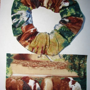 SALE Horse Fabric Hair Scrunchies scrunchie Fabric has bay, paint, white running drinking horses equines in a forest setting with a creek Bild 3