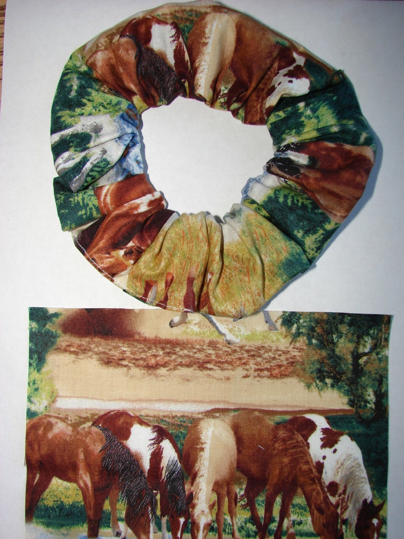 SALE Horse Fabric Hair Scrunchies scrunchie Fabric has bay, paint, white running drinking horses equines in a forest setting with a creek Bild 3