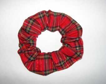 Red Gold Sparkle plaid Fabric Hair Scrunchie, women's accessories, gifts for her, womans scrunchies, fancy holiday accessory, stars universe