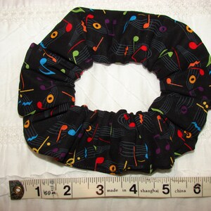 Colorful Musical Notes Black fabric hair scunchie, woman's scrunchies, musical musician gift, hair accessories, womens gifts, gift for her image 3