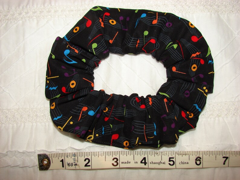 Colorful Musical Notes Black fabric hair scunchie, woman's scrunchies, musical musician gift, hair accessories, womens gifts, gift for her image 3