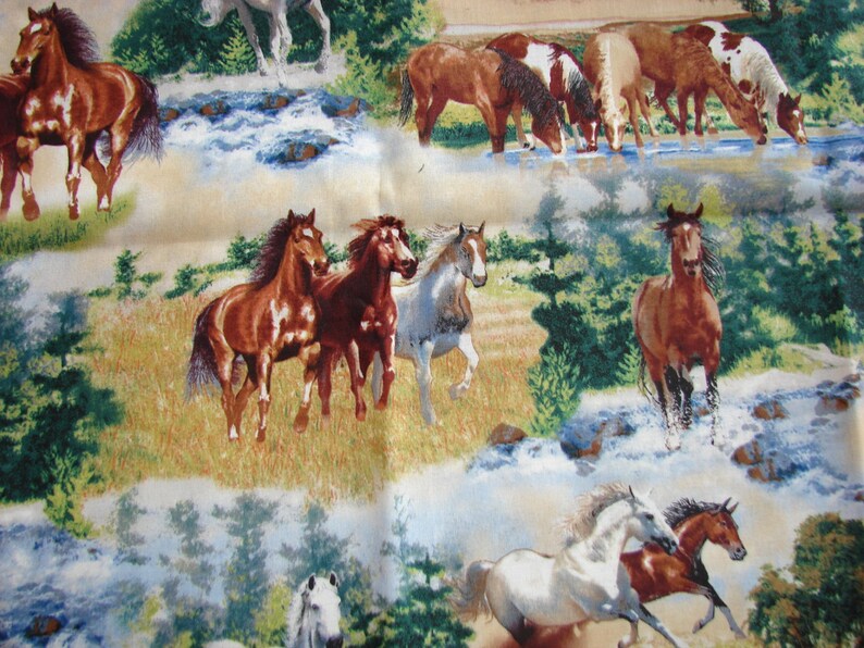 SALE Horse Fabric Hair Scrunchies scrunchie Fabric has bay, paint, white running drinking horses equines in a forest setting with a creek Bild 5