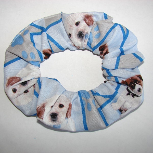 Puppies dogs Canines Blue Fabric Hair Scrunchie, women's scrunchies, womans accessories, doggy lover gift, gifts for her, dog pets pet