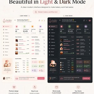 Pu&ograve; includere: Un'interfaccia digitale per Home Bakery OrderFlow visualizzata in modalit&agrave; chiara e scura. La dashboard include sezioni per ordini, entrate, produzione e tracciamento degli ingredienti con icone, testo e dati numerici.