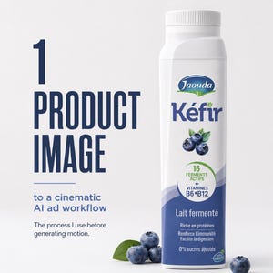 Op de afbeelding: Een witte fles Jaouda Kefir met een blauw etiket en een witte dop. Het etiket bevat tekst en afbeeldingen van bosbessen. De afbeelding bevat ook de tekst "Product Image" en "to a cinematic AI ad workflow".