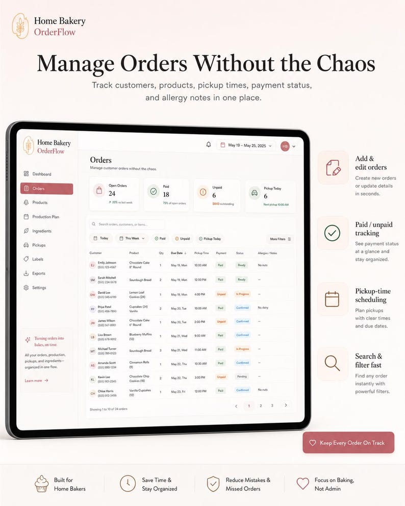 Pu&ograve; includere: Un tablet digitale che mostra l'interfaccia del software Home Bakery OrderFlow, con una dashboard degli ordini che include colonne per nomi dei clienti, prodotti, quantit&agrave;, date, orari di ritiro, stato dei pagamenti e note sulle allergie.